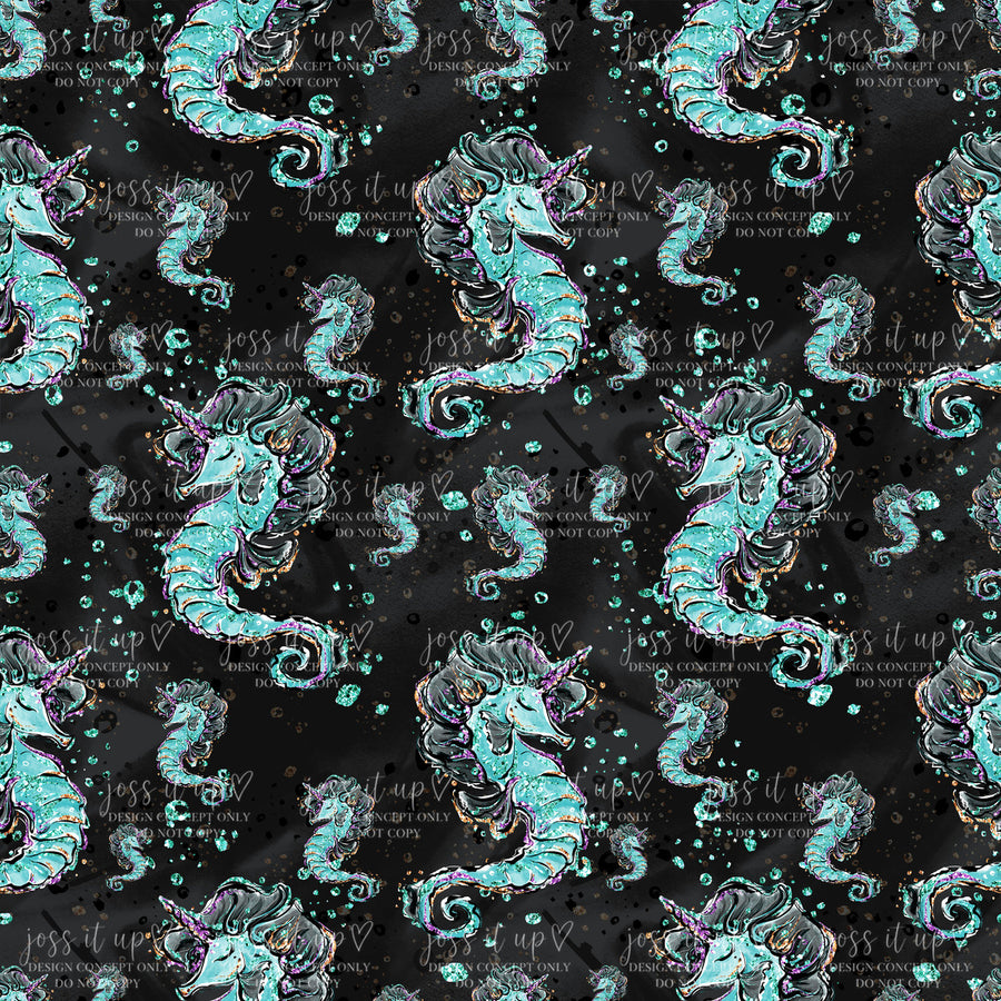 Teal Seahorses On Black