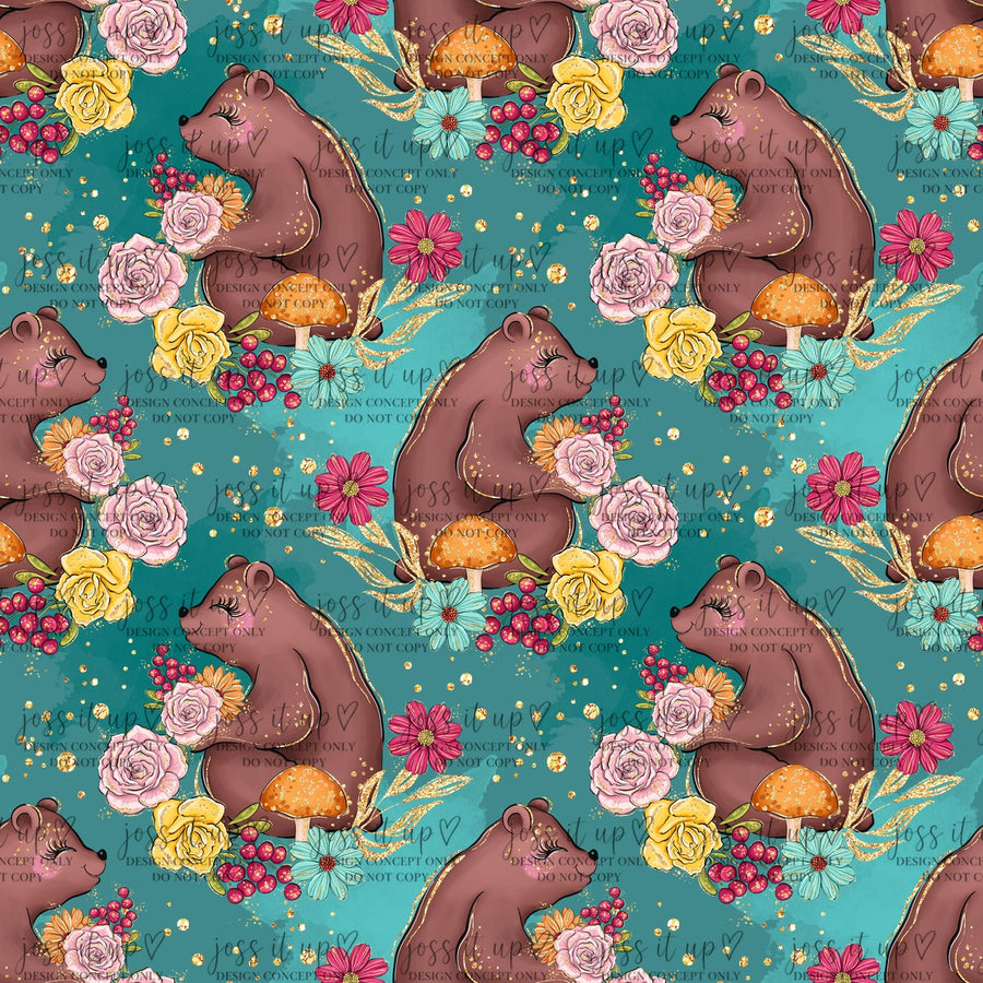 Teal Floral Bear Pattern