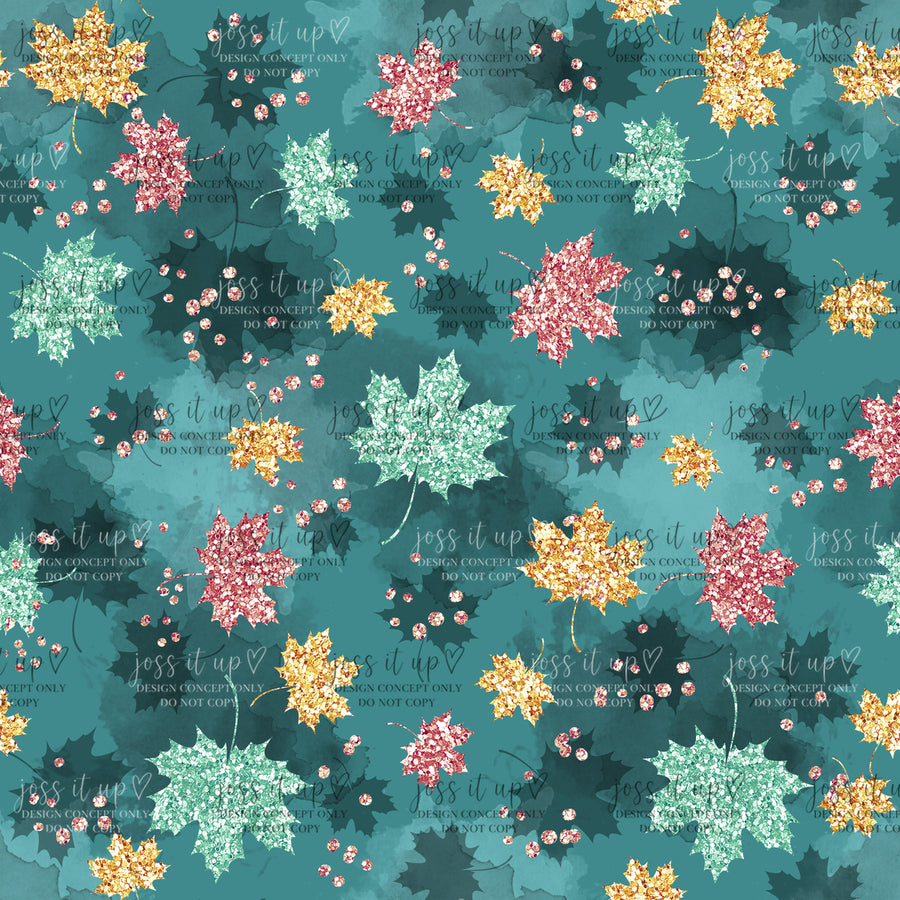 Teal Glitter Maple Leaves