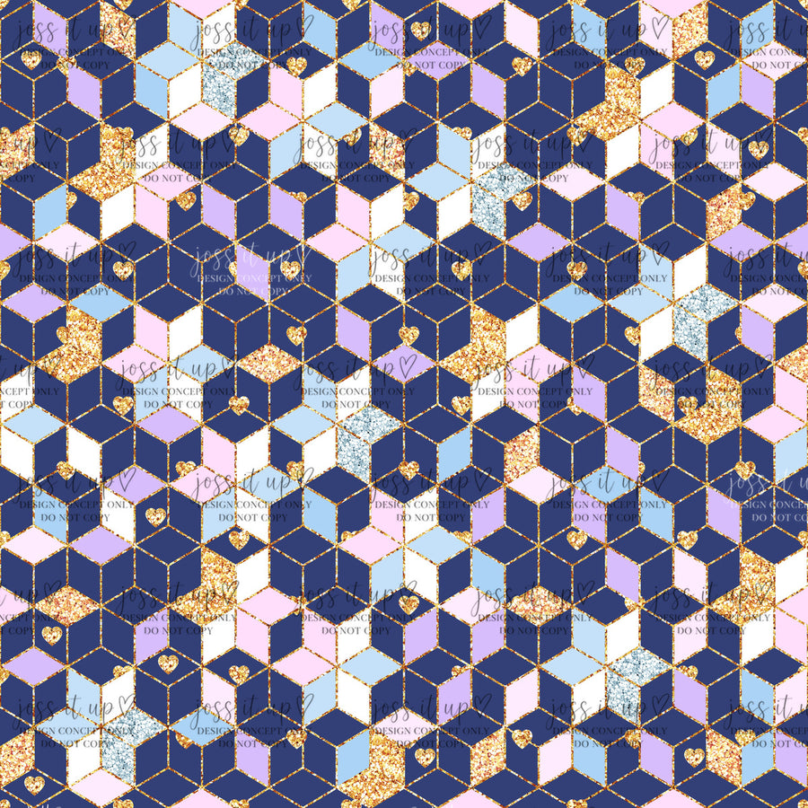 Navy Pastel Glitter Cubes Hearts
