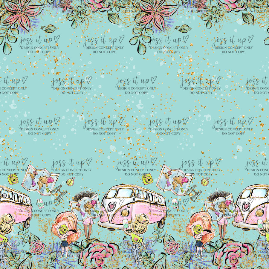 Aqua Camper Travel Floral Border