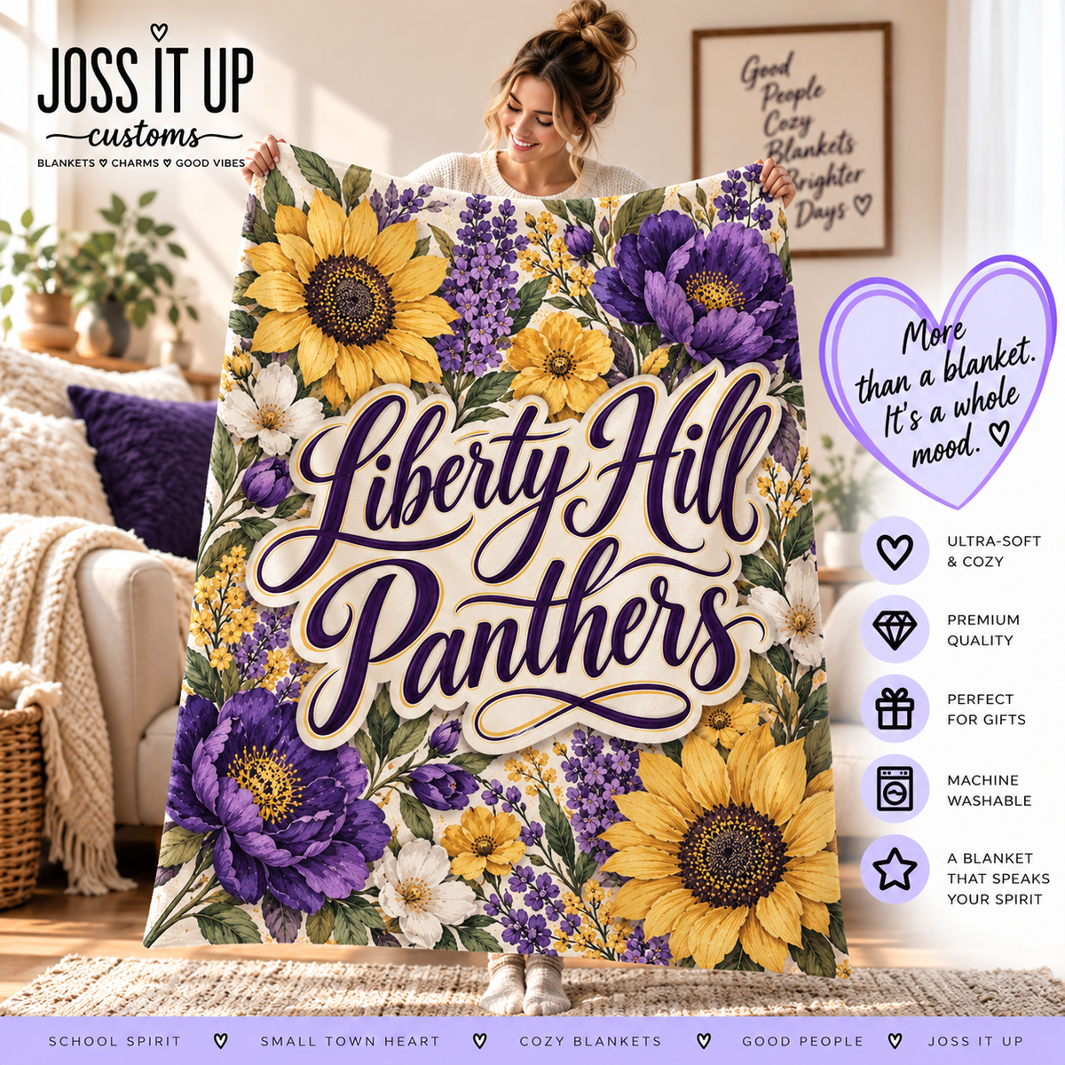 Floral Home Team Blanket lifestyle mockup featuring Liberty Hill Panthers floral artwork