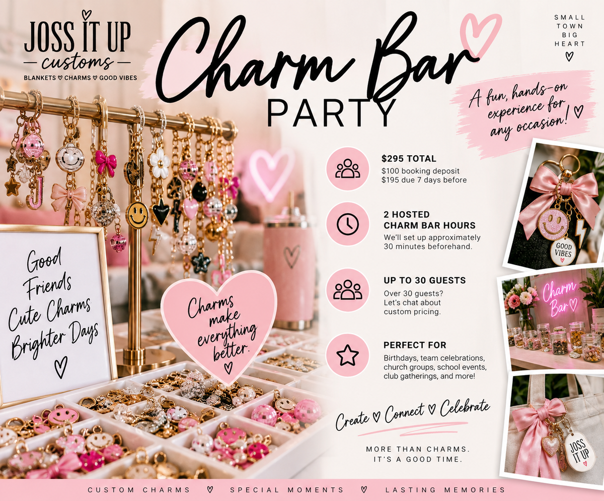 Joss It Up Charm Bar Party promotional graphic with pricing, two hosted hours and up to 30 guests