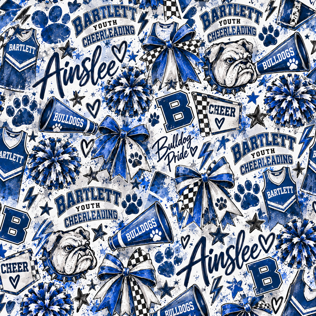 Bartlett Youth Cheerleading Bulldogs blue signature pattern design personalized Ainslee