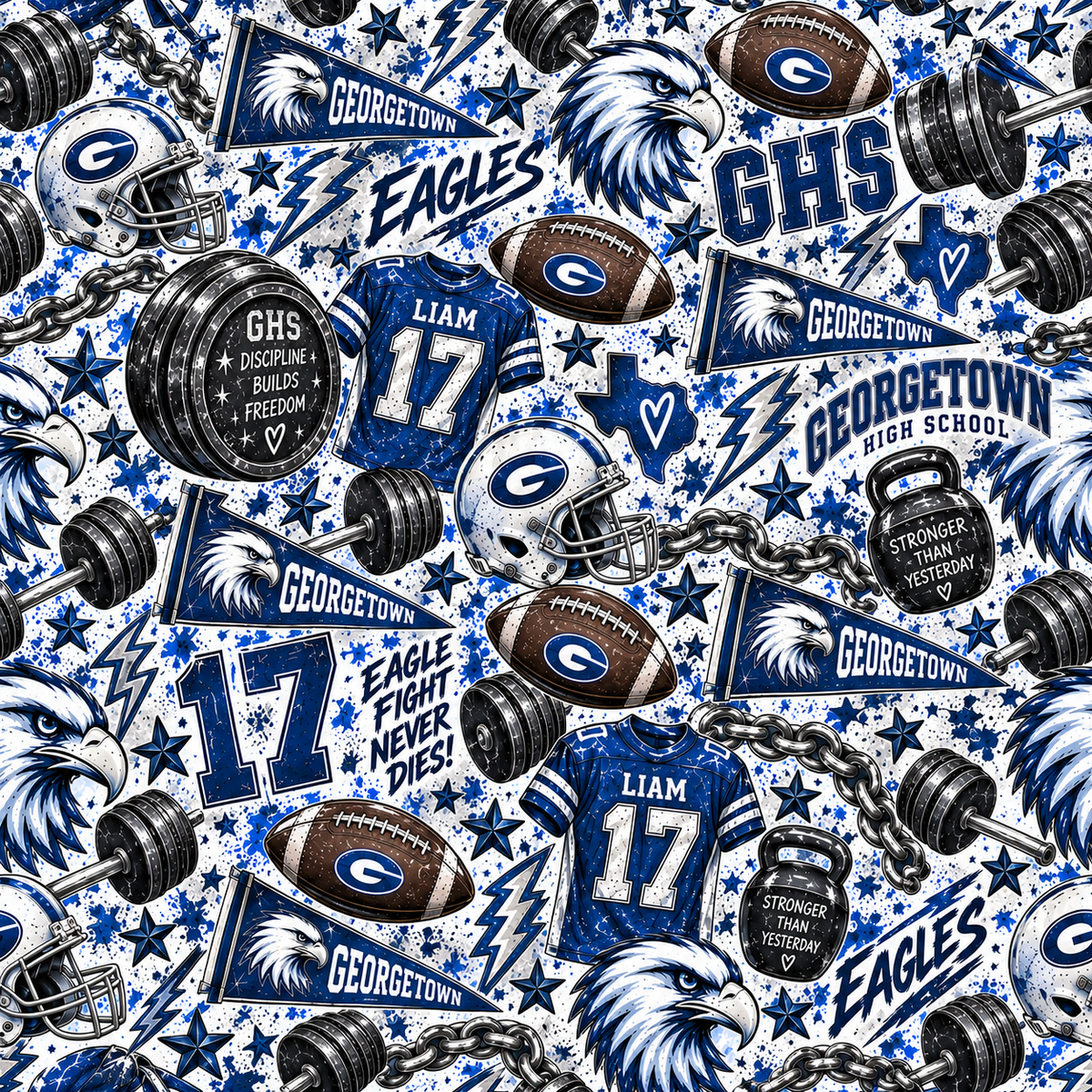 Georgetown Eagles blue football and weightlifting signature pattern design personalized Liam 17