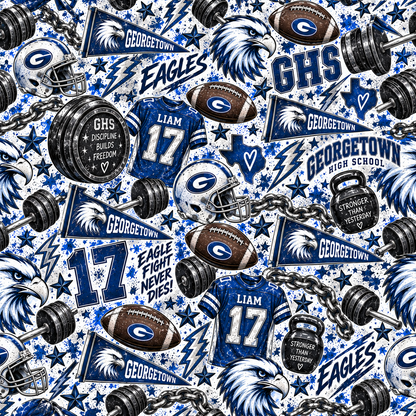 Georgetown Eagles blue football and weightlifting signature pattern design personalized Liam 17