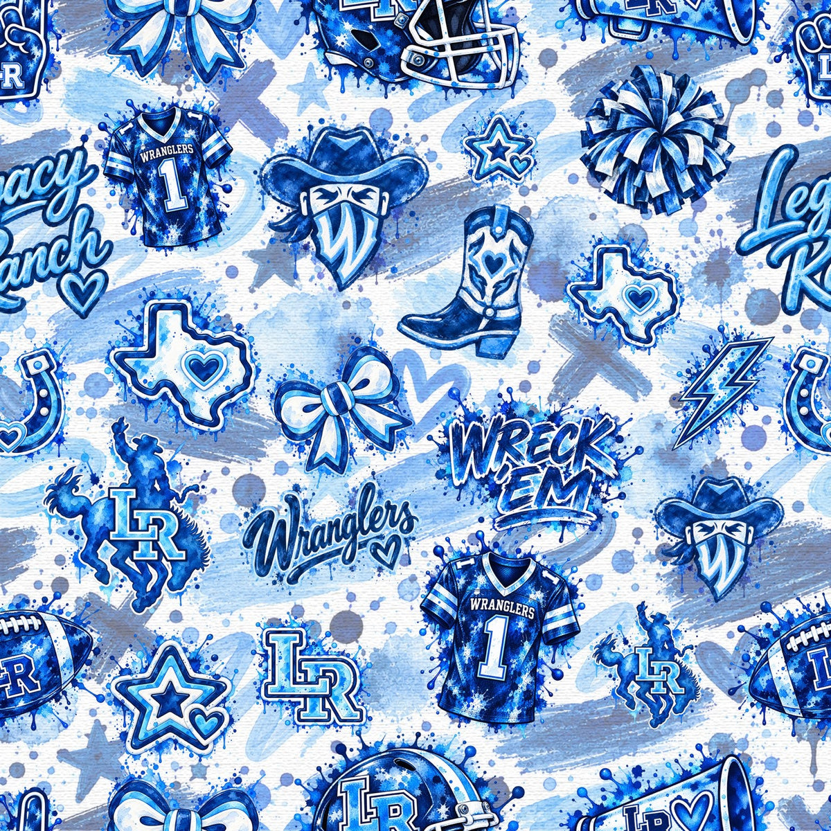 Legacy Ranch Wranglers blue brush and paint splatter school spirit pattern blanket design