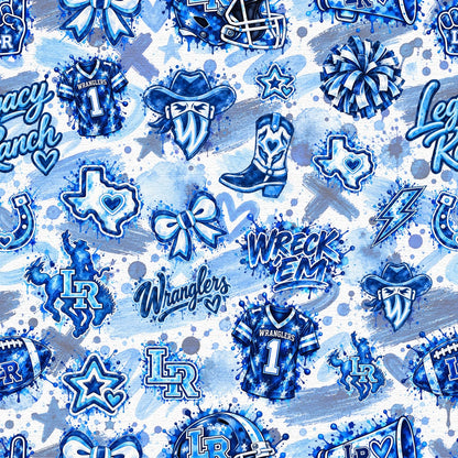 Legacy Ranch Wranglers blue brush and paint splatter school spirit pattern blanket design