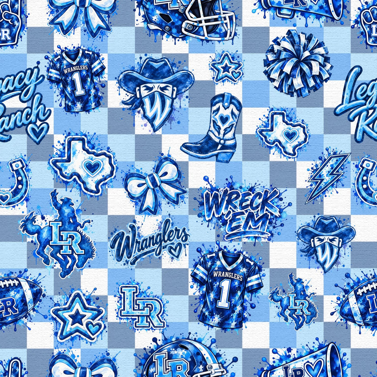 Legacy Ranch Wranglers blue check school spirit pattern blanket design