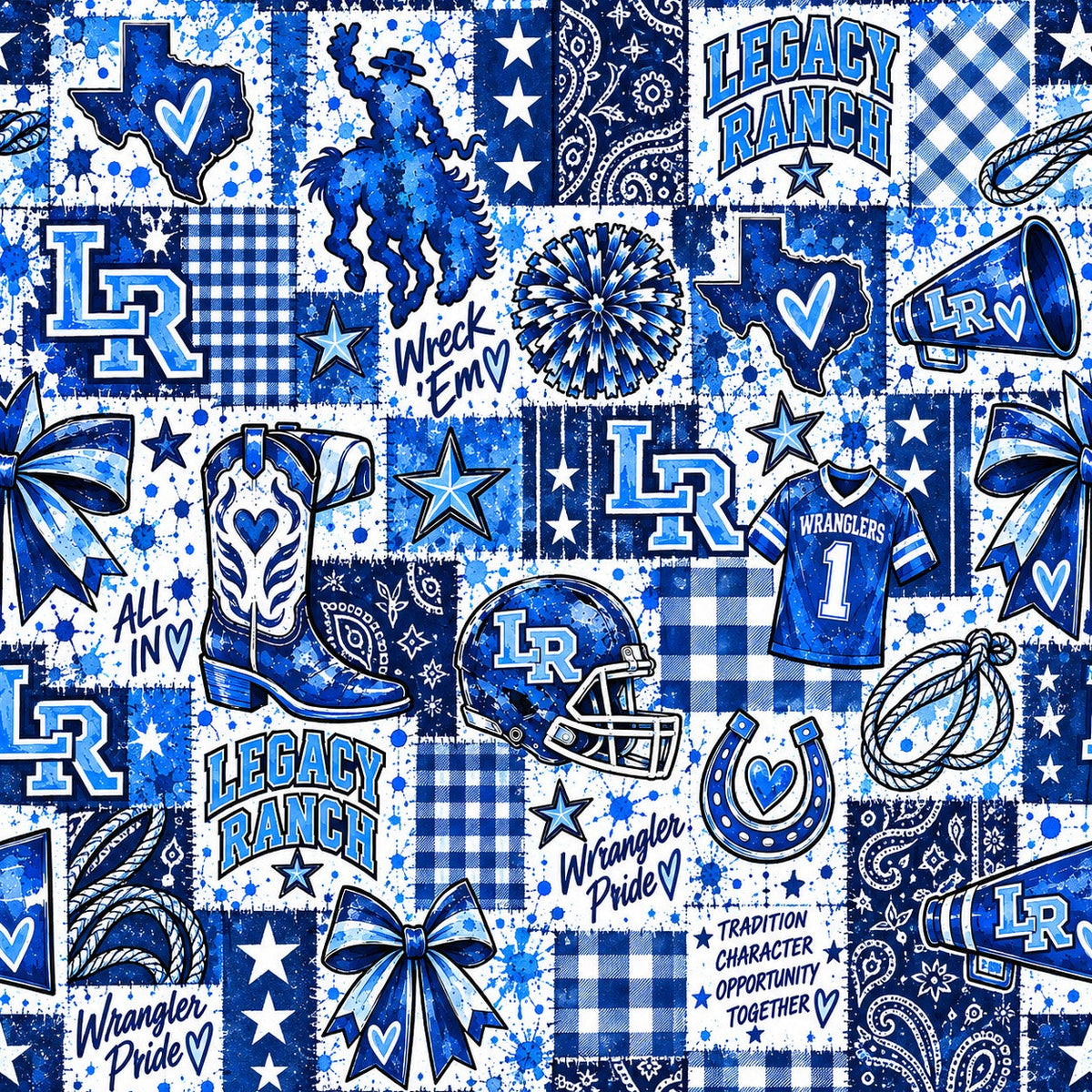 Legacy Ranch Wranglers patchwork school spirit blanket pattern example