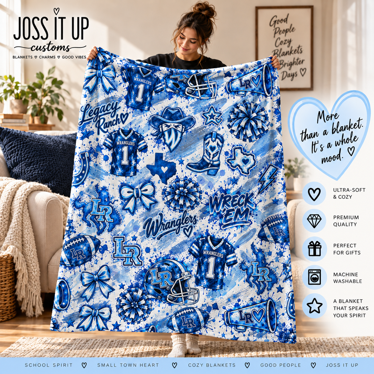 Signature Pattern Blanket lifestyle mockup featuring exact Legacy Ranch Wranglers artwork