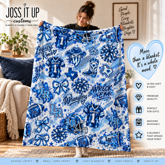 Signature Pattern Blanket lifestyle mockup featuring exact Legacy Ranch Wranglers artwork