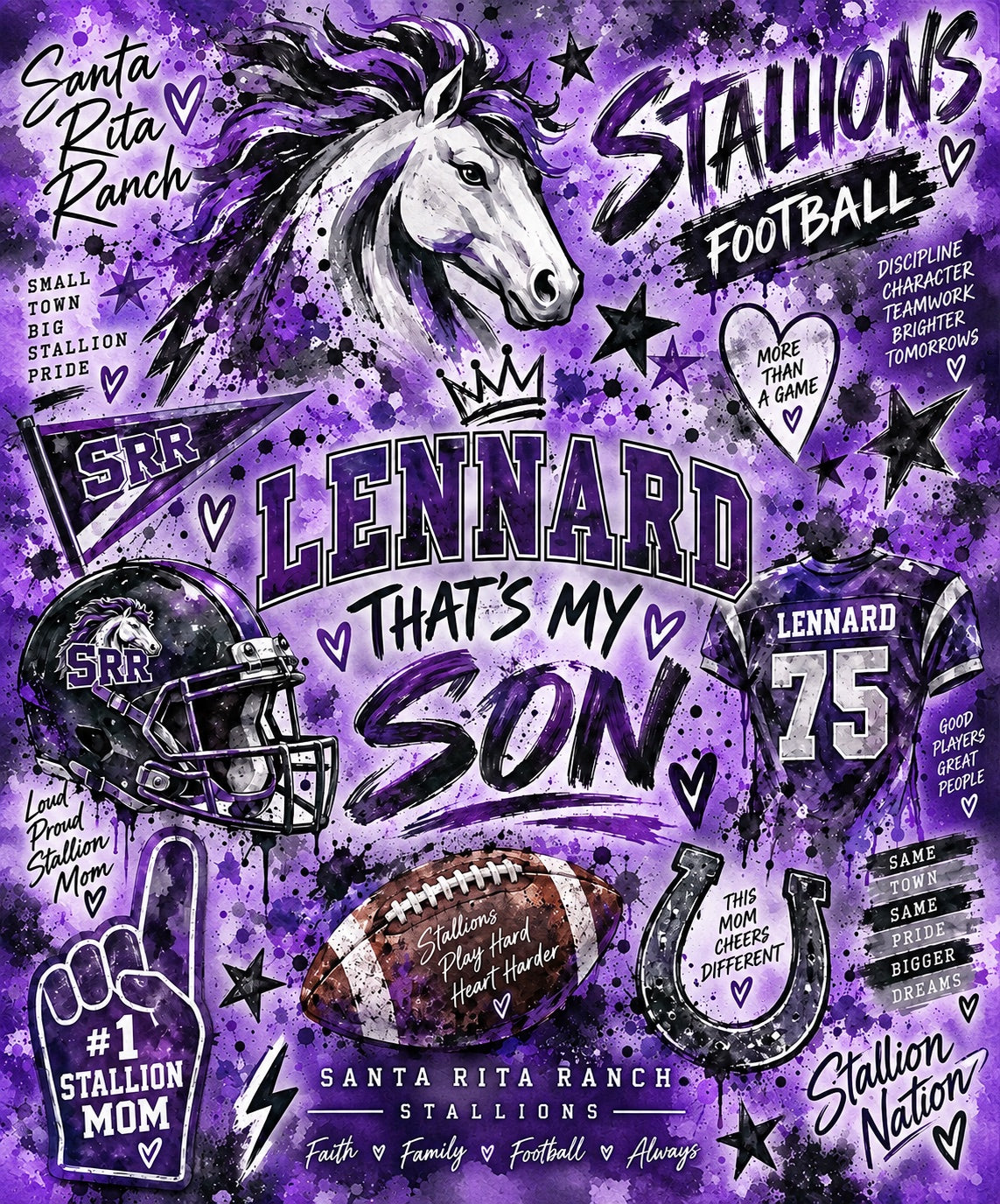 Personalized Santa Rita Stallions football statement blanket design with Lennard number 75