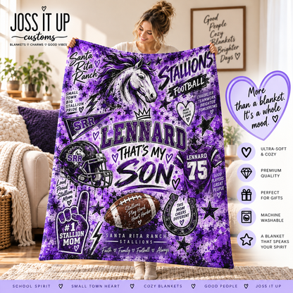 Statement Spirit Blanket lifestyle mockup featuring Santa Rita Stallions Lennard number 75