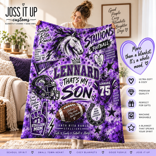 Statement Spirit Blanket lifestyle mockup featuring Santa Rita Stallions Lennard number 75
