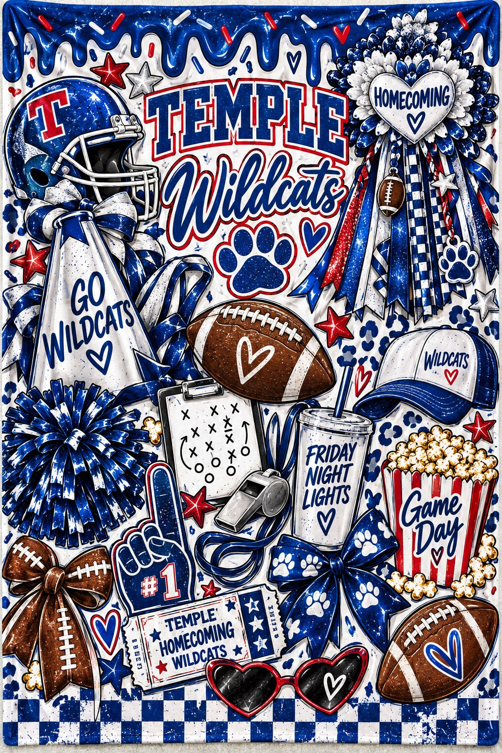 Temple Wildcats blue red and white football homecoming statement blanket design