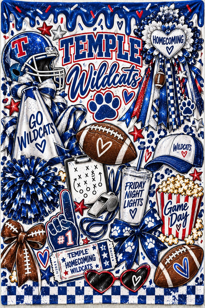 Temple Wildcats blue red and white football homecoming statement blanket design